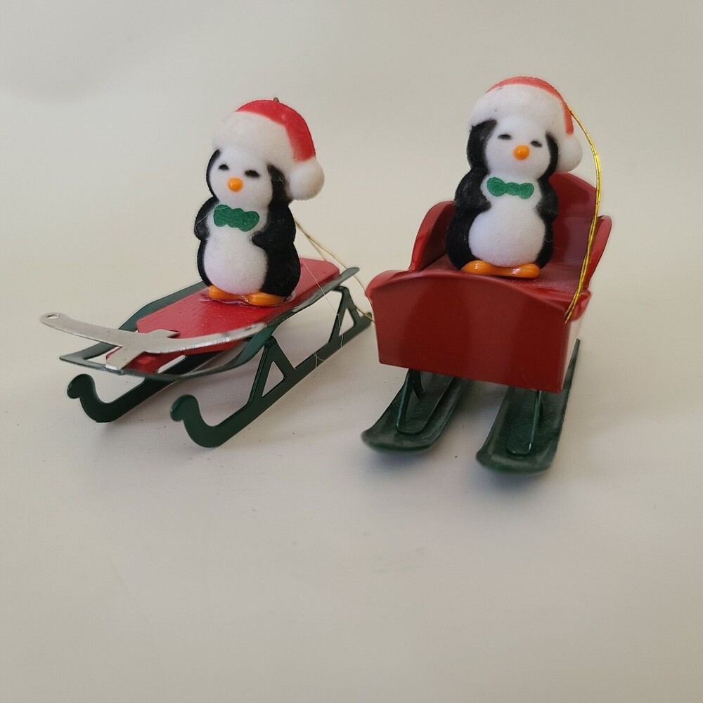 Avon Christmas Flocked Ornament Jolly Penguin Red Metal Sled & Sleigh Lot of 2